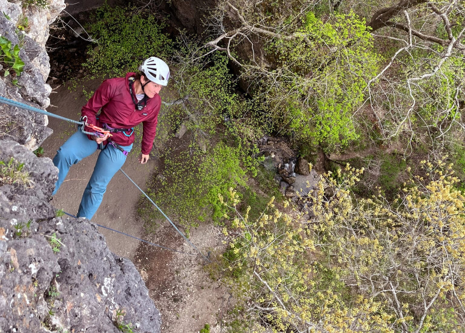 Climber in a helmet and maroon jacket rappelling down a rocky cliff face, suspended by a rope above a forested ravine with early spring foliage below.