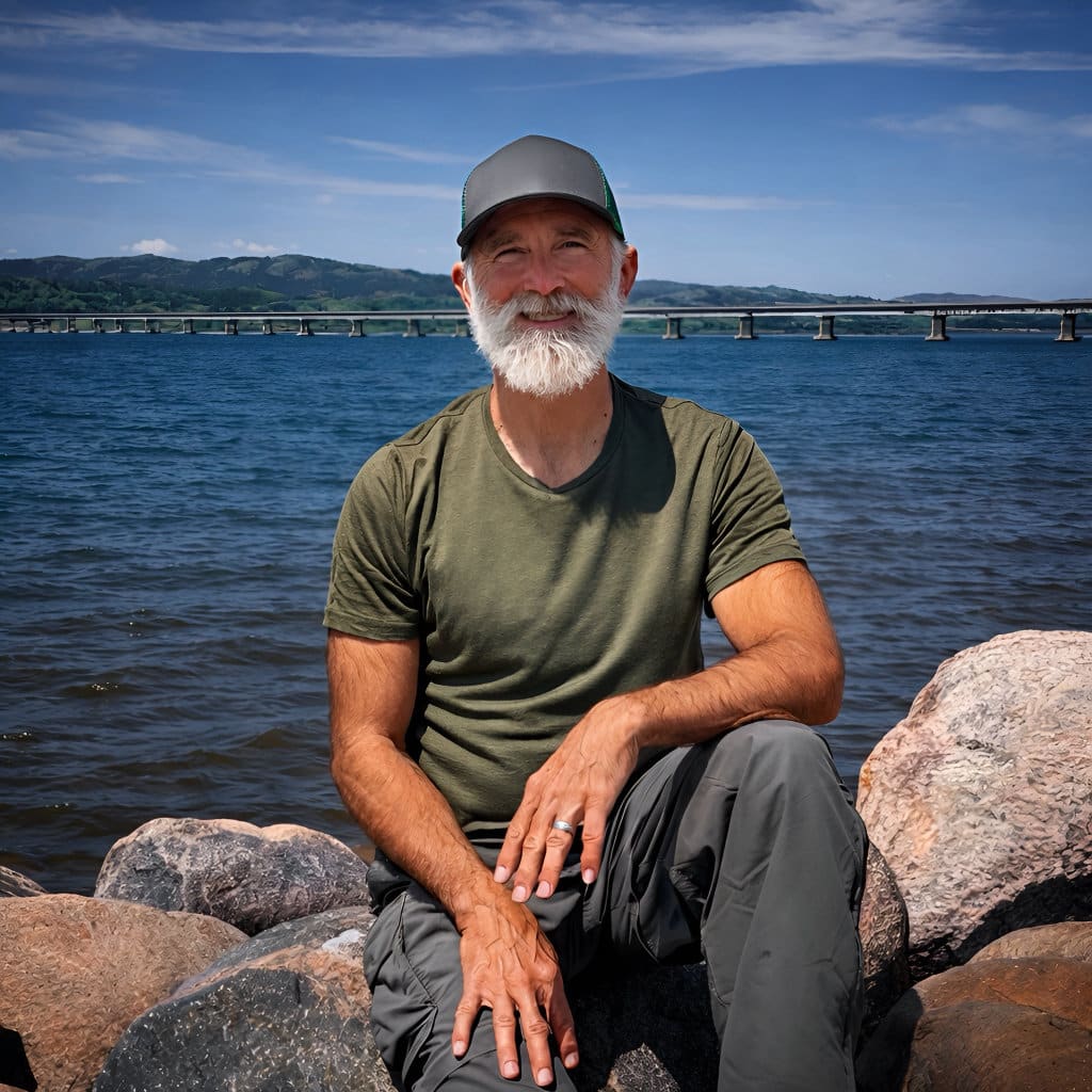 Smiling man with a white beard wearing a green T-shirt sits on shoreline rocks beside a lake, with a bridge and hills in the background.