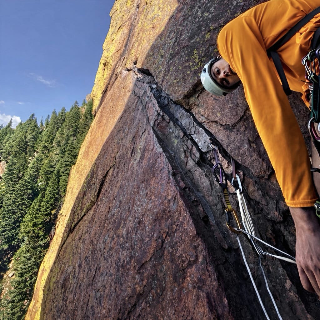 Rock climber wearing a helmet and orange jacket pauses on a steep rock face, clipped into anchors, with forested mountains below.