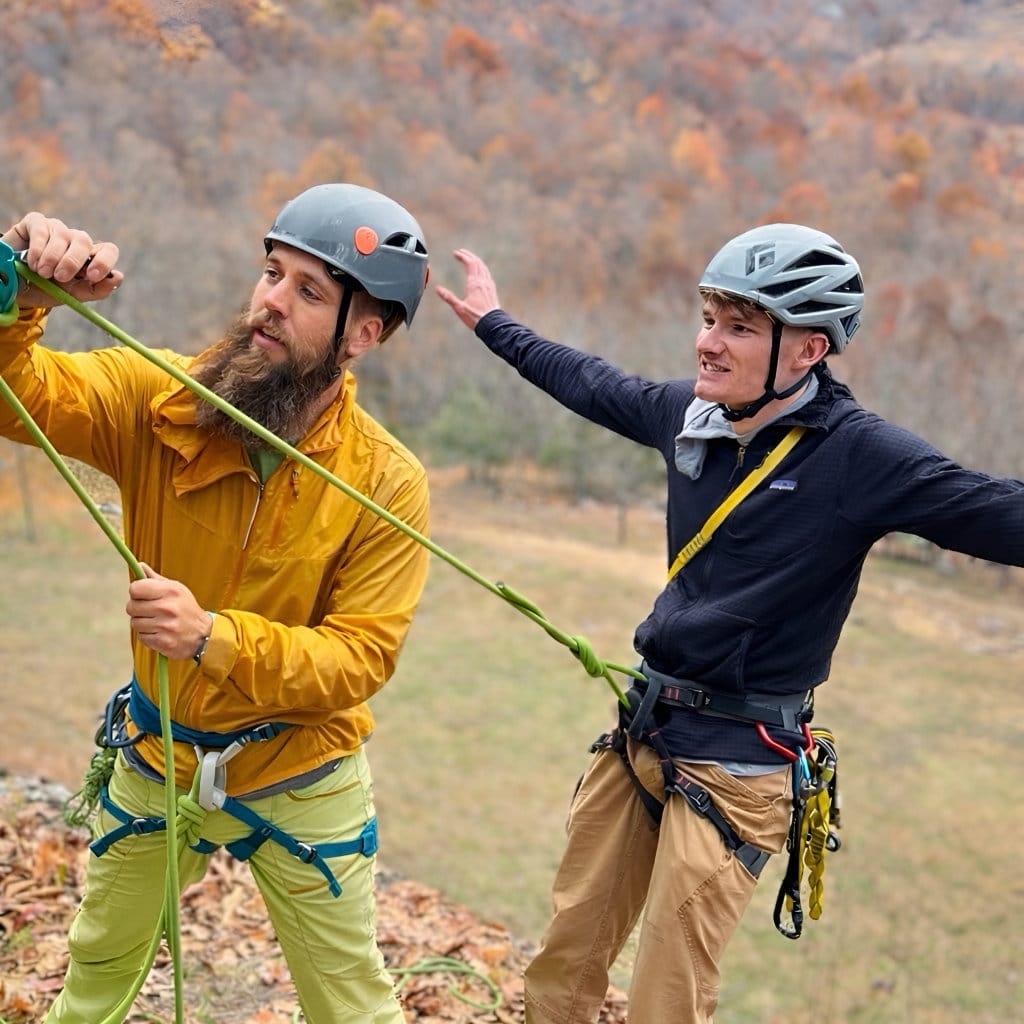 Two rock climbers wearing helmets and harnesses manage a rope together at a cliff edge, with autumn-colored trees in the background.