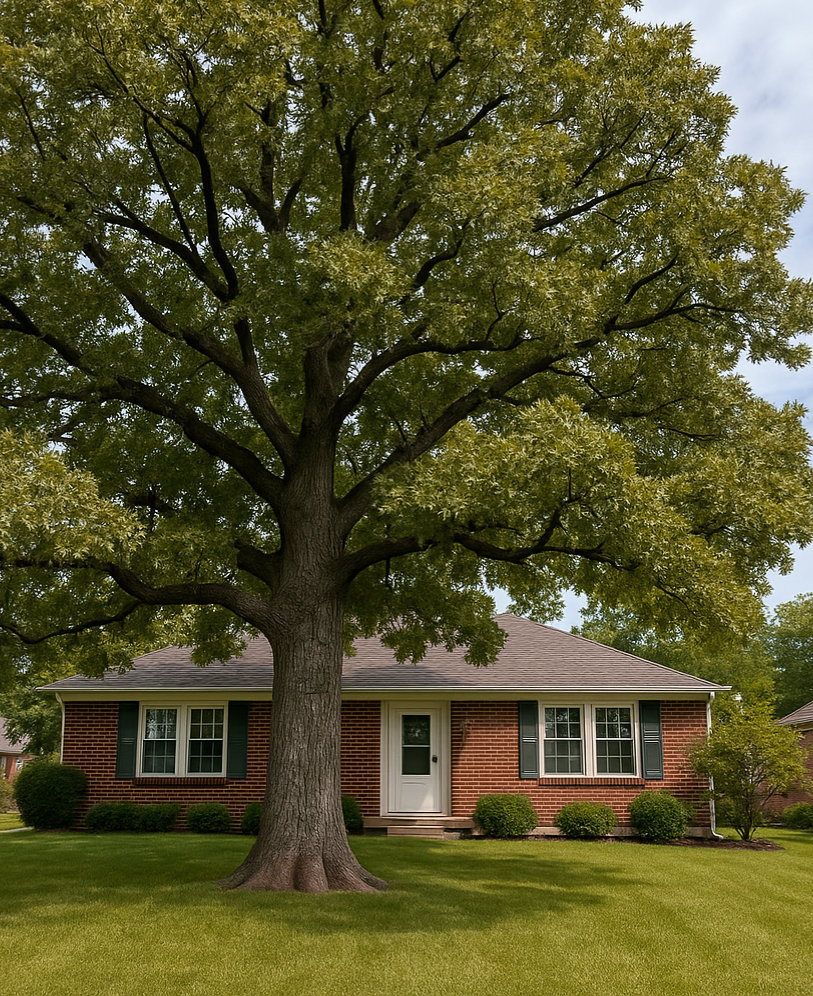 Large mature shade tree with a broad, arching canopy standing in front of a single-story red brick house with green shutters and a neatly maintained lawn.