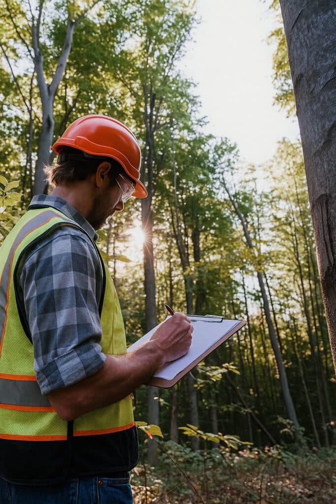 Arborist wearing an orange hard hat, safety glasses, and a reflective vest taking notes on a clipboard while standing beside a tree in a sunlit forest.